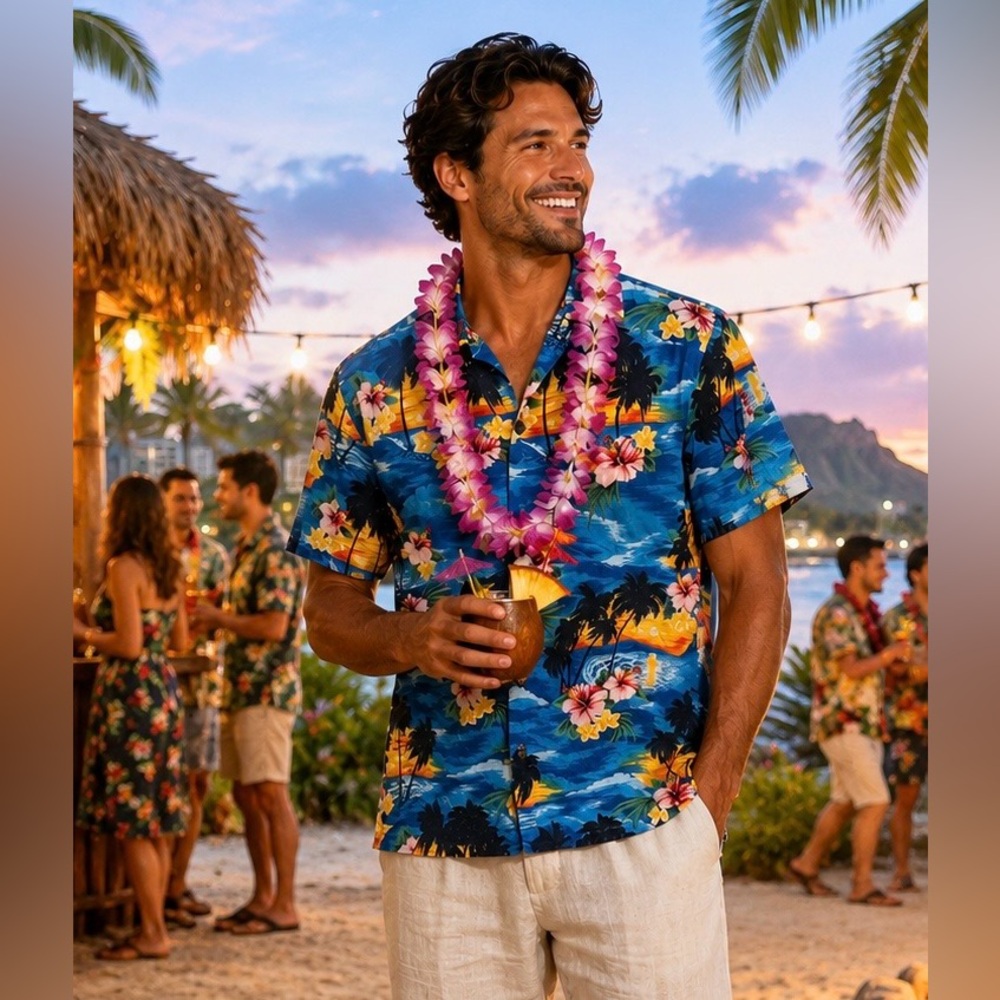 PACIFIC LEGEND Made In USA Camp Shirt Mens M Hawaiian Sunset Floral Luau Cotton